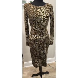Vintage Y2K Cache Leopard Print Dress Bodycon Twist Waist Ruched Slimming Small